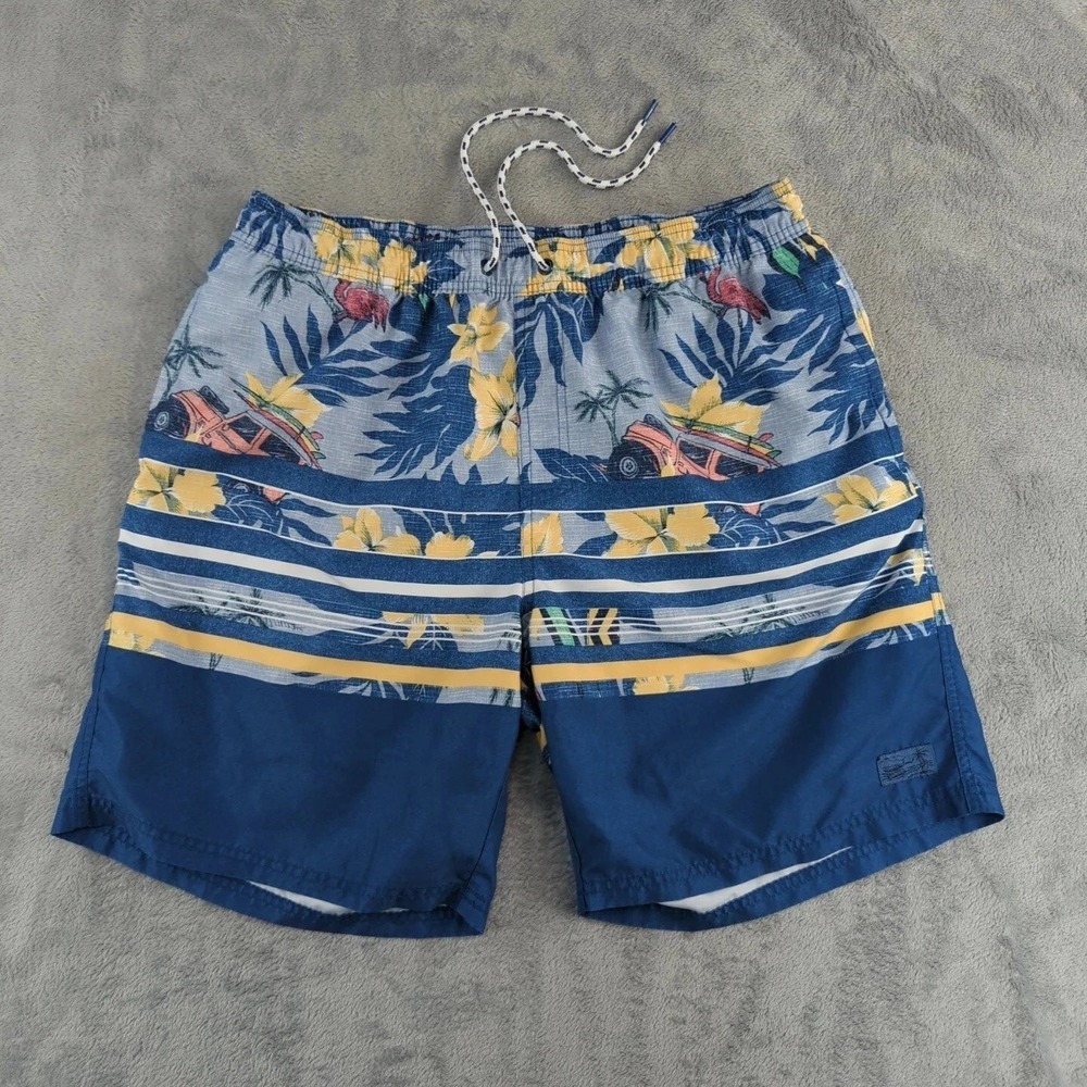 IZOD Saltwater Swim Trunks Mens XL Blue Tropical Floral Flamingo Surf Lined